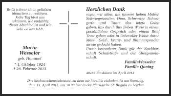 Anzeige von Maria Wesseler von Münstersche Zeitung und Münsterland Zeitung