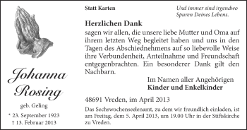 Anzeige von Johanna Rosing von Münstersche Zeitung und Münsterland Zeitung