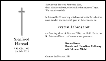 Anzeige von Siegfried Hensel von Westfälische Nachrichten