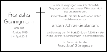 Anzeige von Franziska Günnigmann von Münstersche Zeitung und Grevener Zeitung