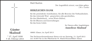 Anzeige von Günter Skaloud von Münstersche Zeitung und Münsterland Zeitung