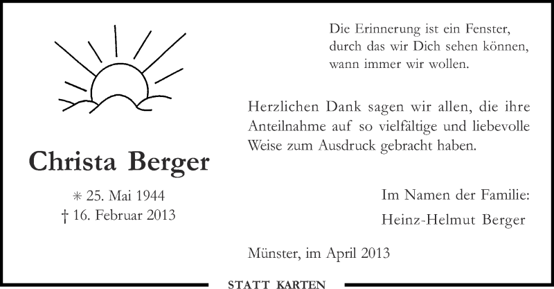  Traueranzeige für Christa Berger vom 19.04.2013 aus Münstersche Zeitung und Grevener Zeitung