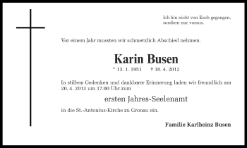 Anzeige von Karin Busen von Münstersche Zeitung und Münsterland Zeitung