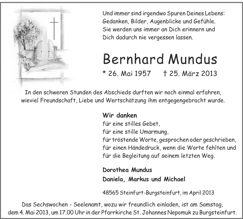  Traueranzeige für Bernhard Mundus vom 27.04.2013 aus 