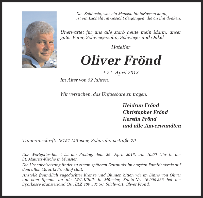  Traueranzeige für Oliver Frönd vom 24.04.2013 aus Münstersche Zeitung und Grevener Zeitung