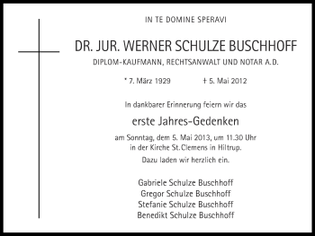 Anzeige von Werner Schulze  Buschhoff von Münstersche Zeitung, Emsdettener Volkszeitung, Grevener Zeitung und Münsterland Zeitung