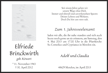 Anzeige von Elfriede Brinckwirth von Münstersche Zeitung und Grevener Zeitung