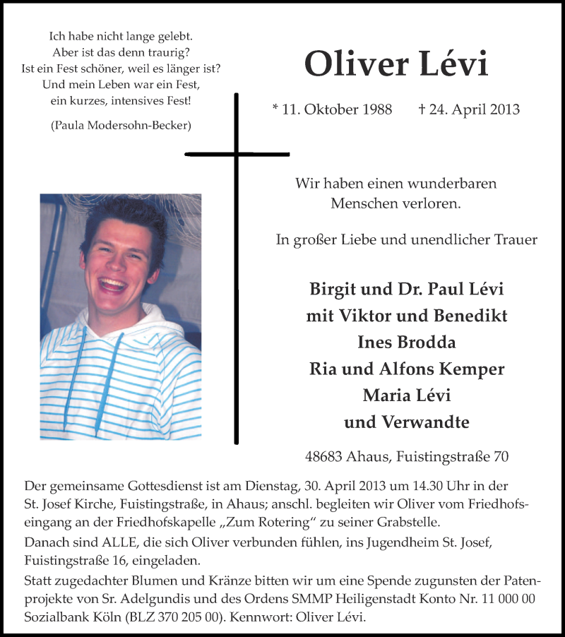  Traueranzeige für Oliver Lévi vom 27.04.2013 aus Münstersche Zeitung und Münsterland Zeitung