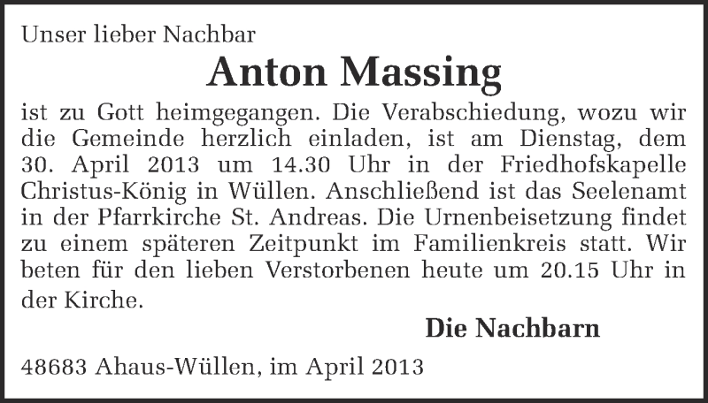  Traueranzeige für Anton Massing vom 29.04.2013 aus Münstersche Zeitung und Münsterland Zeitung