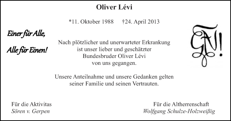  Traueranzeige für Oliver Lévi vom 29.04.2013 aus Münstersche Zeitung und Münsterland Zeitung