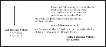 Anzeige von Josef Wissing-Volmer von Münstersche Zeitung und Münsterland Zeitung