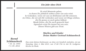 Anzeige von Bernd Schönnebeck von Münstersche Zeitung und Münsterland Zeitung