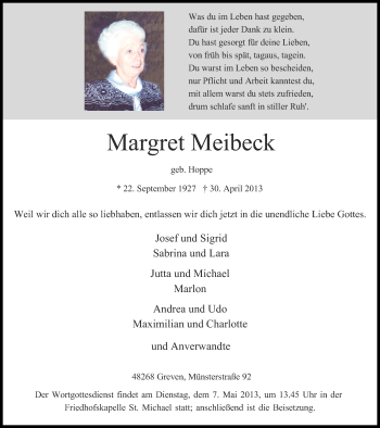 Anzeige von Margret Meibeck von Münstersche Zeitung, Emsdettener Volkszeitung, Grevener Zeitung und Münsterland Zeitung