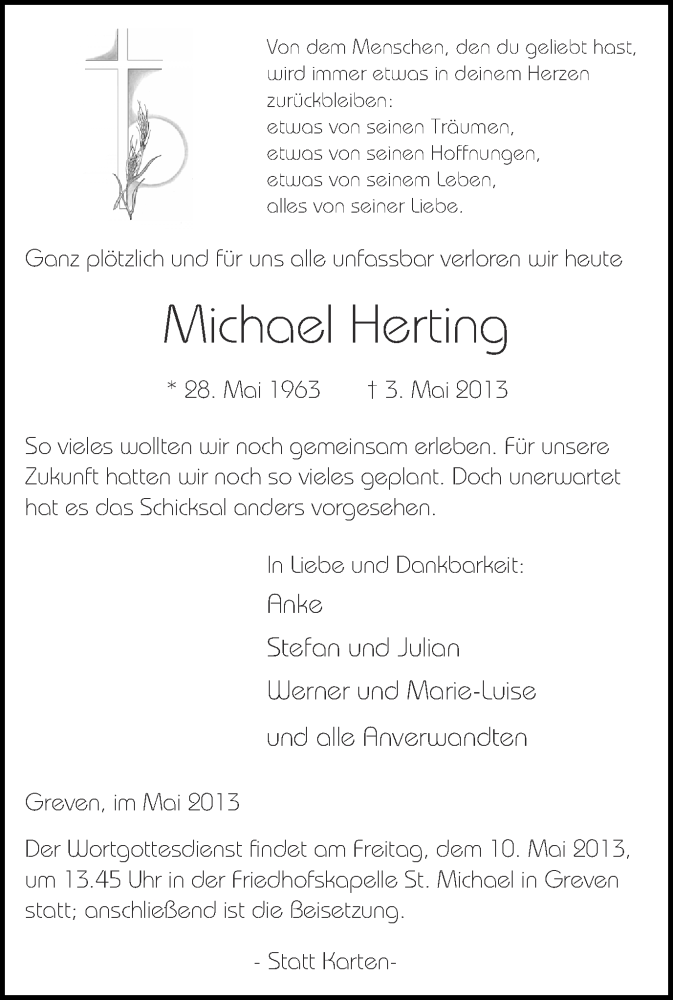  Traueranzeige für Michael Herting vom 09.05.2013 aus Münstersche Zeitung und Grevener Zeitung