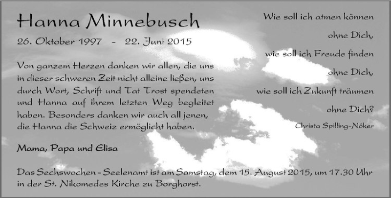  Traueranzeige für Hanna Minnebusch vom 08.08.2015 aus Westfälische Nachrichten