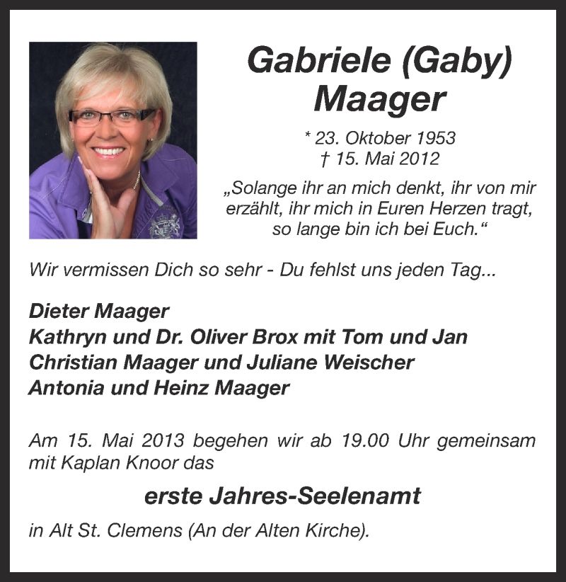  Traueranzeige für Gabriele Maager vom 11.05.2013 aus Münstersche Zeitung und Grevener Zeitung
