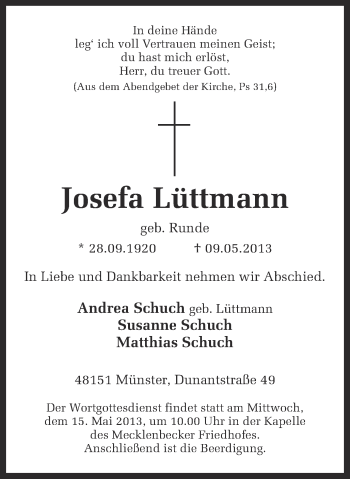 Anzeige von Josefa Lüttmann von Münstersche Zeitung und Grevener Zeitung