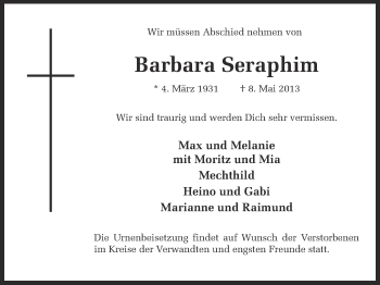 Anzeige von Barbara Seraphim von Münstersche Zeitung und Grevener Zeitung