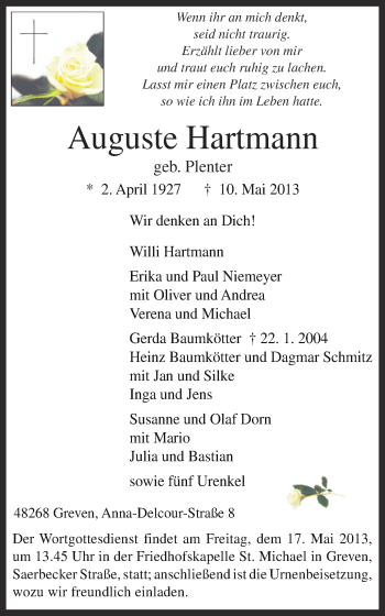 Anzeige von Auguste Hartmann von Münstersche Zeitung und Grevener Zeitung