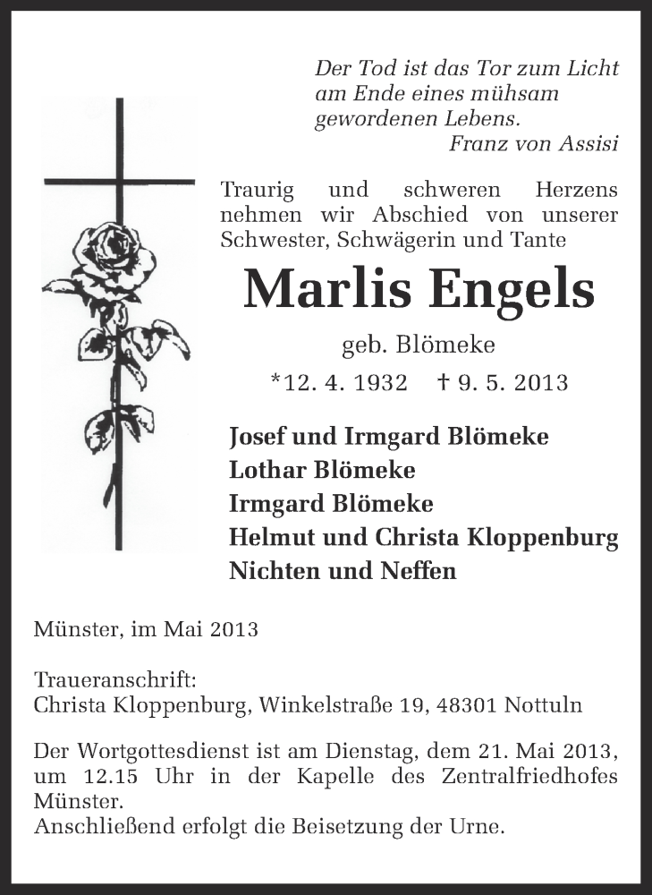  Traueranzeige für Marlis Engels vom 15.05.2013 aus Münstersche Zeitung und Grevener Zeitung