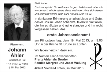 Anzeige von Johann Ahler von Münstersche Zeitung und Münsterland Zeitung