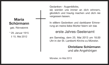 Anzeige von Maria Schürmann von Münstersche Zeitung und Grevener Zeitung