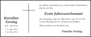 Anzeige von Karoline Gesing von Münstersche Zeitung und Münsterland Zeitung
