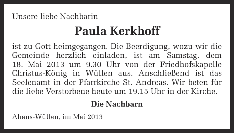  Traueranzeige für Paula Kerkhoff vom 17.05.2013 aus Münstersche Zeitung und Münsterland Zeitung