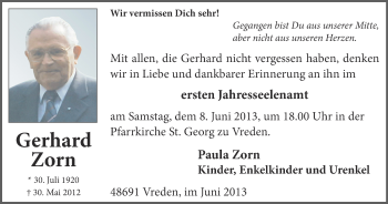 Anzeige von Gerhard Zorn von Münstersche Zeitung und Münsterland Zeitung