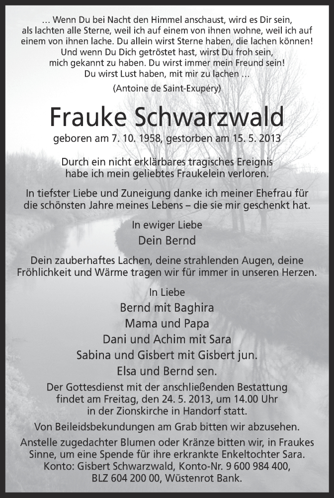  Traueranzeige für Frauke Schwarzwald vom 18.05.2013 aus Münstersche Zeitung und Grevener Zeitung