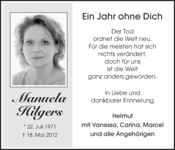 Anzeige von Manuela Hilgers von Münstersche Zeitung und Münsterland Zeitung