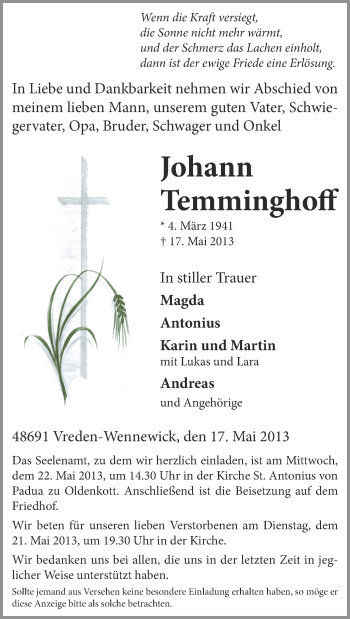 Anzeige von Johann Temminghoff von Münstersche Zeitung und Münsterland Zeitung