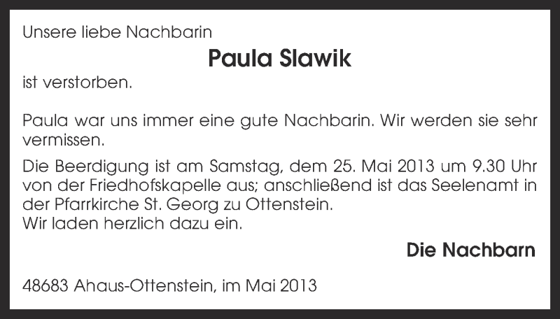  Traueranzeige für Paula Slawik vom 21.05.2013 aus Münstersche Zeitung und Münsterland Zeitung