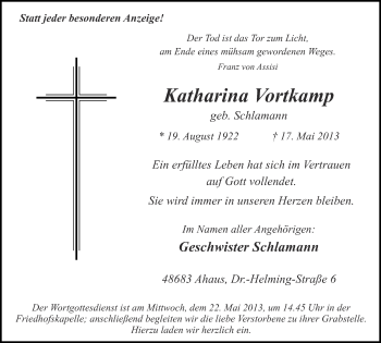 Anzeige von Katharina Vortkamp von Münstersche Zeitung und Münsterland Zeitung