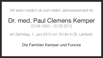 Anzeige von Paul Clemens Kemper von Münstersche Zeitung und Grevener Zeitung