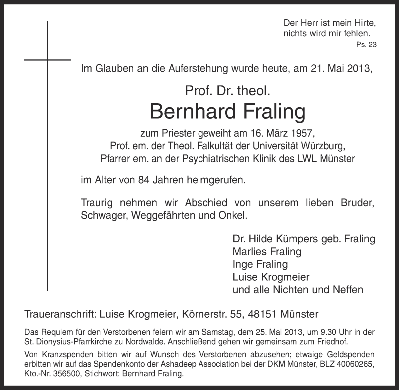  Traueranzeige für Bernhard Fraling vom 23.05.2013 aus 
