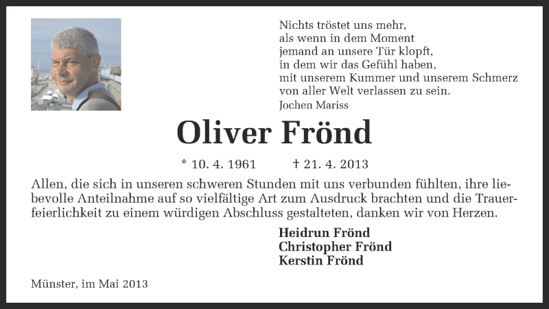  Traueranzeige für Oliver Frönd vom 25.05.2013 aus Münstersche Zeitung und Grevener Zeitung