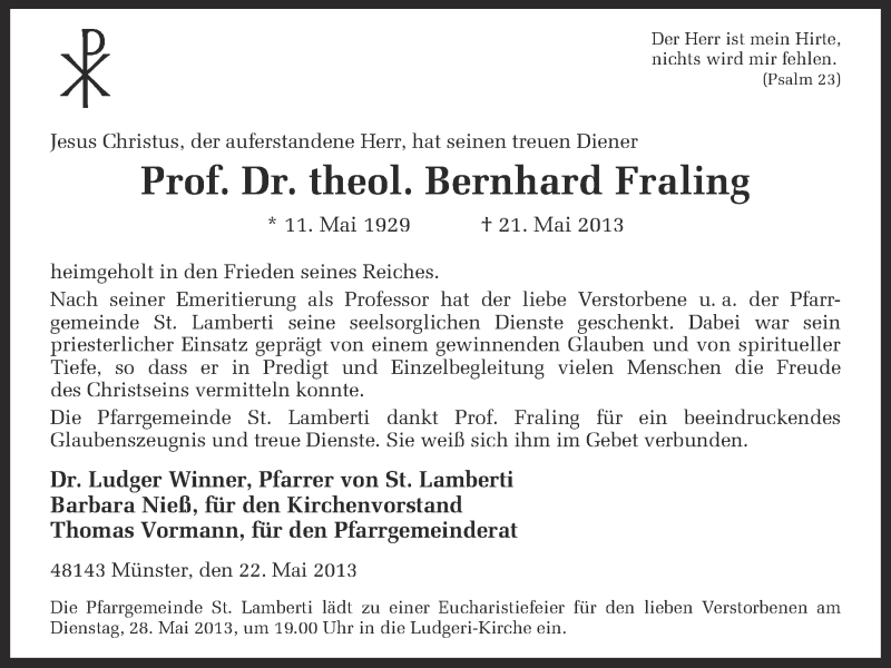  Traueranzeige für Bernhard Fraling vom 25.05.2013 aus Münstersche Zeitung und Grevener Zeitung