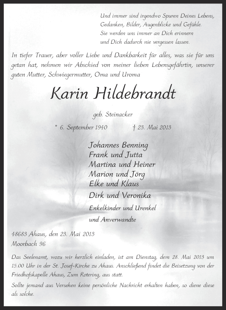  Traueranzeige für Karin Hildebrandt vom 25.05.2013 aus Münstersche Zeitung und Münsterland Zeitung