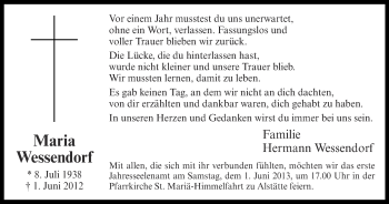 Anzeige von Maria Wessendorf von Münstersche Zeitung und Münsterland Zeitung