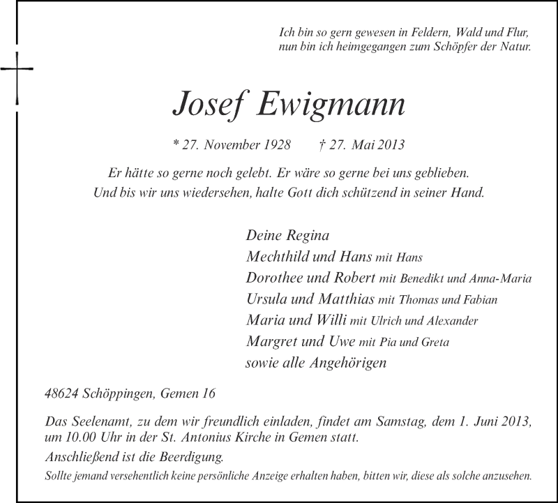  Traueranzeige für Josef Ewigmann vom 29.05.2013 aus Münstersche Zeitung und Münsterland Zeitung