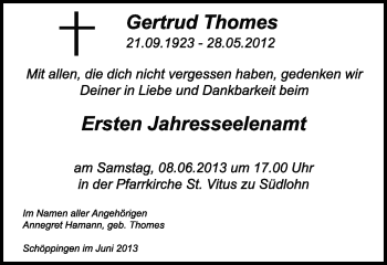 Anzeige von Gertrud Thomes von Münstersche Zeitung und Münsterland Zeitung