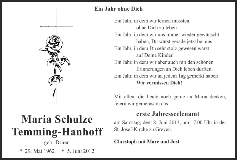  Traueranzeige für Maria Schulze Temming-Hanhoff vom 01.06.2013 aus Münstersche Zeitung und Grevener Zeitung