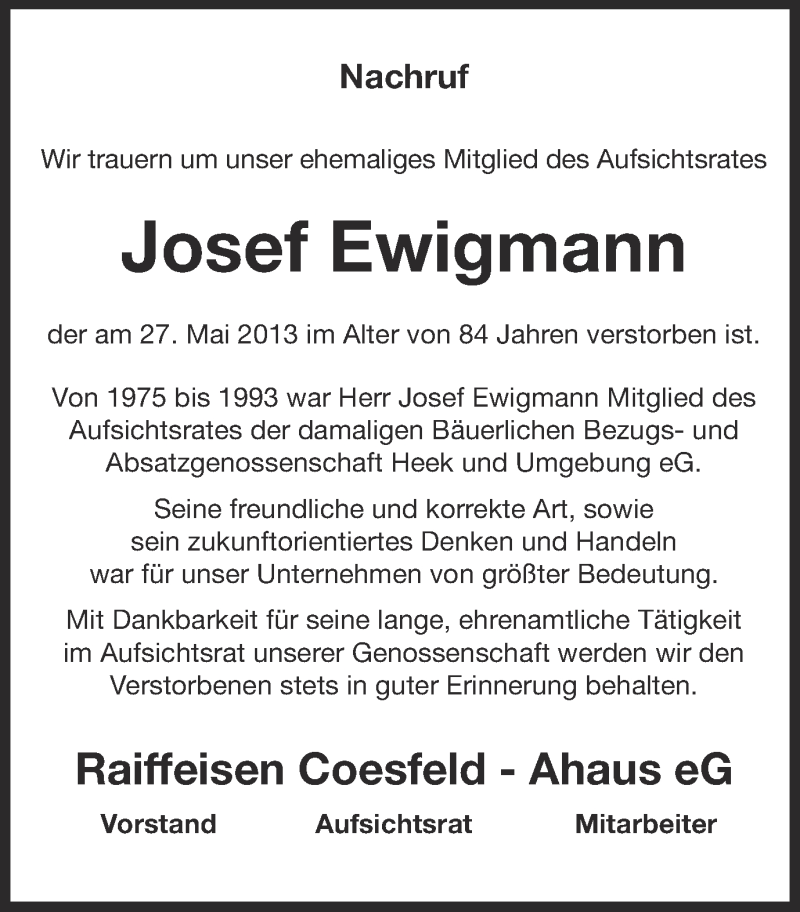  Traueranzeige für Josef Ewigmann vom 01.06.2013 aus Münstersche Zeitung und Münsterland Zeitung