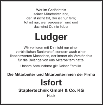 Anzeige von Ludger Isfort von Münstersche Zeitung und Münsterland Zeitung