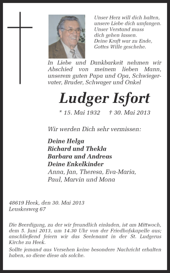 Anzeige von Ludger Isfort von Münstersche Zeitung und Münsterland Zeitung