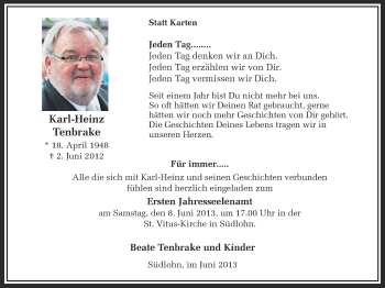 Anzeige von Karl-Heinz Tenbrake von Münstersche Zeitung und Münsterland Zeitung