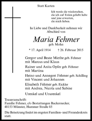 Anzeige von Maria Fehmer von Westfälische Nachrichten
