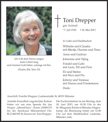 Anzeige von Toni Drepper von Münstersche Zeitung und Grevener Zeitung