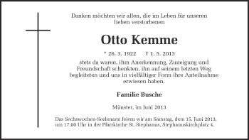 Anzeige von Otto Kemme von Münstersche Zeitung und Grevener Zeitung